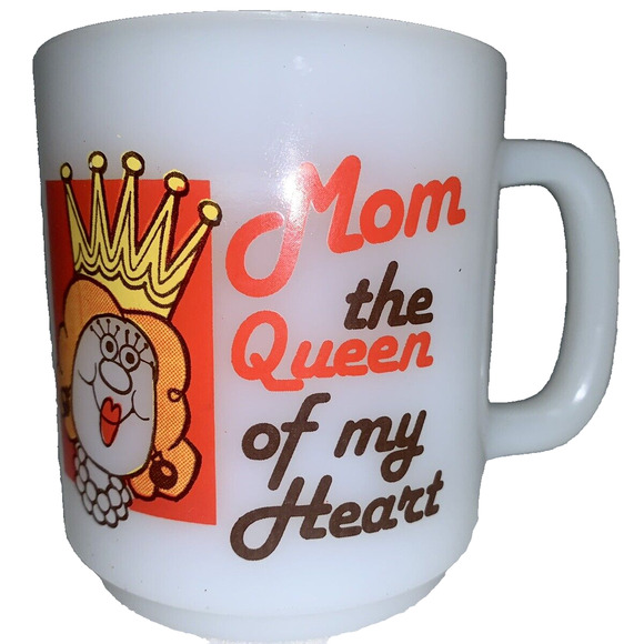 Mom the Queen of My Heart Glasbake USA Milk Glass Mug Mothers Day Gift Orange - Picture 2 of 9